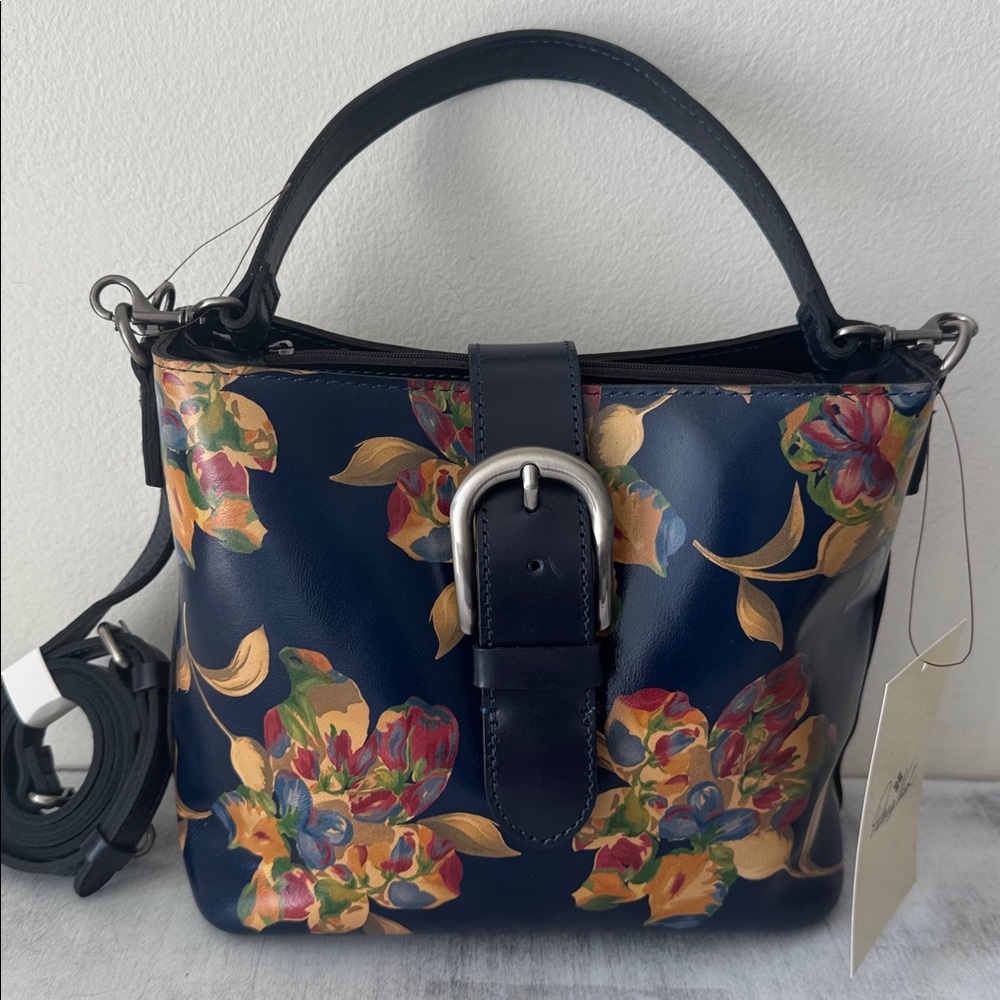 Patricia Nash Irving Bucket Crossbody Bag Distress Le Fleur Leather Black Blue - Picture 5 of 13